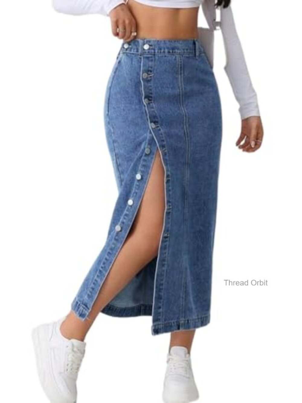 Women's Denim Midi Jean Skirt with Slit High Waisted Stretch